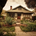 Stone bungalow with garden in estate, created using generative ai technology Royalty Free Stock Photo