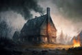 stone burning house and flame-engulfed surroundings and territory in smoke