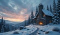 Stone cabin nestled in a snowy forest, illuminated by a warm glow from a