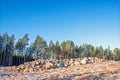 Stone cairn on a hill at a construction site by the woodland Royalty Free Stock Photo