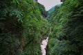 Stone canyon of the Digora Gorge with forested slopes and a mountain river