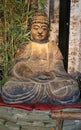 Stone carved Buddah statue sitting on red pillows next to bamboo