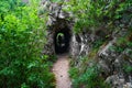 Stone carved tunnel in Nera Gorges Natural Park, Romania, Europe