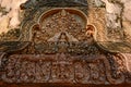 Decoration of Temple Banteay Srei, Cambodia. Carvings from Hindu mythology on walls Banteay Srei, Angkor Wat.