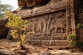 a stone carving of an elephant and a tree in the middle of a rocky area