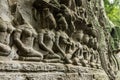 Stone carving at Ta Prohm Tomb Raider temple in Angkor Archaeological Park, Siem Reap, Cambodia