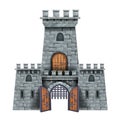 Stone castle tower, vector medieval city entrance, open old wooden door, ancient grate, arch facade.