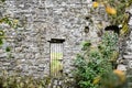 Stone castle wall with iron bar window and door Royalty Free Stock Photo