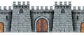 Stone castle wall seamless background, medieval Greek tower game illustration, vintage wooden city gate.