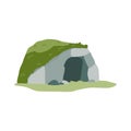 Stone cave of prehistoric man dwelling, flat vector illustration isolated. Royalty Free Stock Photo
