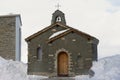 Stone chapel at the Gornergratbahn upper station in winter in Zermatt, Switzerland. Royalty Free Stock Photo