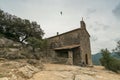 Stone chapel trees & paragliding Royalty Free Stock Photo