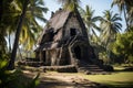 Stone church in grassy surroundings near palm trees, palm crosses concept