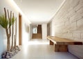 Stone cladding wall in spacious hallway with staircase. Luxury minimalist home interior design of modern entrance in villa. Royalty Free Stock Photo