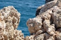 Stone close-up with blurred sea background. Soft focus Royalty Free Stock Photo