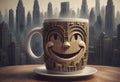 Stone coffee mug with a smiley face on an architectural background, Generative AI