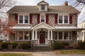 stone colonial home with a wide, mahogany front door