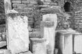 Stone columns written in ancient Greek in the open air museum of Turkey, Izmir, Ephesus. close up Royalty Free Stock Photo
