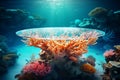 Stone coral table on a beautiful marine underwater ocean background