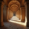 Stone corridor with arched ceiling and pillars bathed in sunlight. Empty passage with patterned shadows leads to distant doorway. Royalty Free Stock Photo