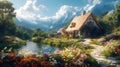 Stone Cottage in a Flowery Mountain Valley Royalty Free Stock Photo