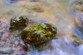 Stone covered by a moss among rushing water Royalty Free Stock Photo