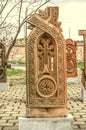 Stone cross carved with ornaments in the form of the nineteenth letter of the Armenian alphabet,created by Mesrop Mashtots in the