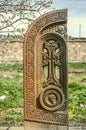 Stone cross carved with ornaments in the form of the sixteenth letter of the Armenian alphabet,created by Mesrop Mashtots in the