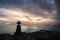 Stone cross monuments by the sea in the sunrise, Castro Urdiales, Cantabria Royalty Free Stock Photo