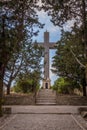 Stone cross at the top of Filerimos mountain, Rhodes island Royalty Free Stock Photo