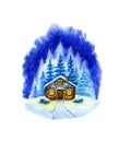 Stone cute house in the winter forest. Christmas watercolor illustration. illustration Royalty Free Stock Photo