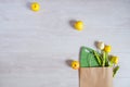 Stone cutting board, tulips and apples Royalty Free Stock Photo