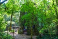 A stone cylinder shaped building in the forest covered with colorful graffiti surrounded by lush green trees and plants Royalty Free Stock Photo