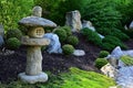 Stone decorations and cultivated bushes in Mu-Shin style far east garden