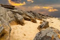 Stone desert on fantastic sunset background . Royalty Free Stock Photo