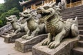 stone dragon sculptures guarding temple steps