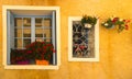 Architecture Facade blue windows flowers Brantome France Royalty Free Stock Photo