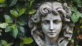 Stone Face Statue Surrounded By Vibrant Greenery. Classic Sculpture, Aged With Moss. Serene And Timeless Royalty Free Stock Photo
