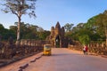 Stone face tower over the southern gate of the ancient city of Angkor Thom, surrounding Angkor temple complex.