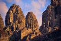 Stone face towers on the Bayon temple, located in Angkor, Cambodia, the capital city of the Khmer empire. View from the western co Royalty Free Stock Photo