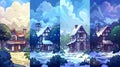 The stone farm house in the forest glade in different seasons. Winter, summer, spring, and autumn landscape of deep Royalty Free Stock Photo