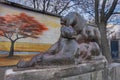A stone figure of a lion and a lioness before entering the Kiev Zoo.