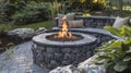 A stone fire pit with a builtin bench providing a comfortable spot for roasting marshmallows and stargazing. 2d flat Royalty Free Stock Photo
