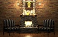 Stone fireplace and chairs