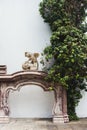 Stone fireplace with decor and tree creeping on the wall. Royalty Free Stock Photo