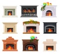 Stone Fireplace or Hearth with Mantelpiece and Burning Fire Vector Set Royalty Free Stock Photo