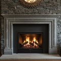 Stone fireplace with a modern design, featuring a roaring fire with realistic logs inside Royalty Free Stock Photo