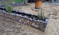 stone through flower pots in front of entrance with heather