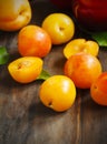 Stone fruits on wooden background. Yellow plums, apricots and nectarines Royalty Free Stock Photo