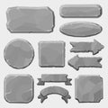 Stone game boards. Granite rocks buttons, grey stone banner, arrows and panels, stone ui elements for game design vector